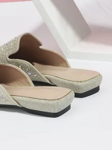Mules planos brillante con diseño de diamante de imitación - Beis - Ver 3