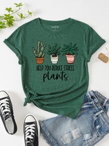 SHEIN LUNE Plants And Slogan Graphic Tee - Dark Green - View 1