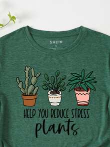 SHEIN LUNE Plants And Slogan Graphic Tee - Dark Green - View 4