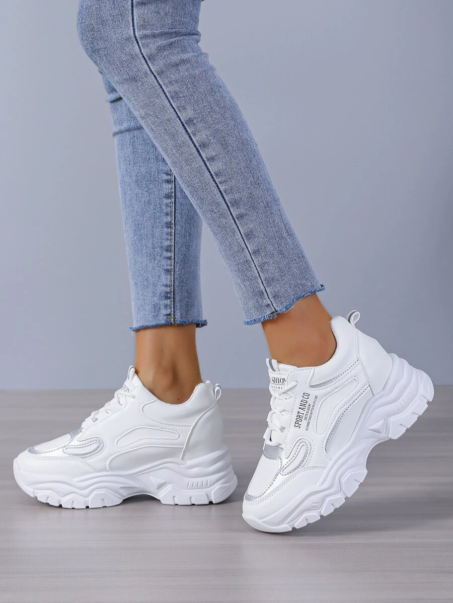 Women White Letter Patch Decor Sneakers, Lace-up Front Wedge Sneakers - White - View 1