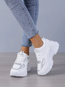 Women White Letter Patch Decor Sneakers, Lace-up Front Wedge Sneakers - White - View 3