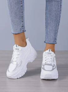 Women White Letter Patch Decor Sneakers, Lace-up Front Wedge Sneakers - White - View 4
