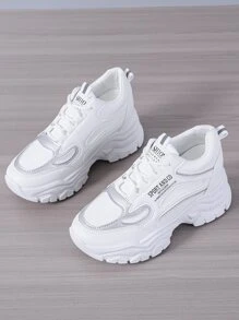 Women White Letter Patch Decor Sneakers, Lace-up Front Wedge Sneakers - White - View 5