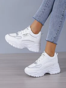 Women White Letter Patch Decor Sneakers, Lace-up Front Wedge Sneakers - White - View 6