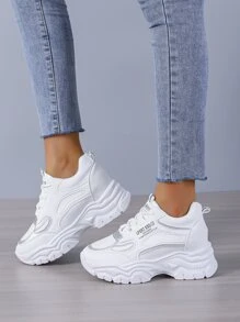 Women White Letter Patch Decor Sneakers, Lace-up Front Wedge Sneakers - White - View 7
