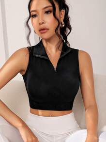 Yoga Basic Top tank deportivo con cremallera media tejido de canalé crop - Negro - Ver 3