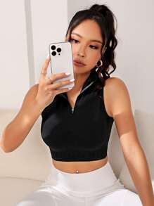 Yoga Basic Top tank deportivo con cremallera media tejido de canalé crop - Negro - Ver 5