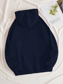 SHEIN EZwear Capucha térmica unicolor con bolsillo de canguro de hombros caídos con cordón - Azul Marino - Ver 2