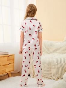 Girls Heart Print Contrast Binding Satin Blouse & Trousers PJ Set - White - View 2