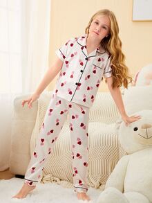 Girls Heart Print Contrast Binding Satin Blouse & Trousers PJ Set - White - View 4