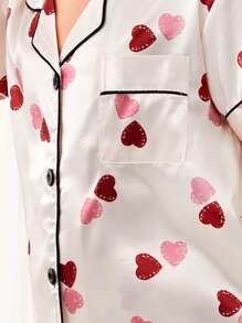 Girls Heart Print Contrast Binding Satin Blouse & Trousers PJ Set - White - View 5