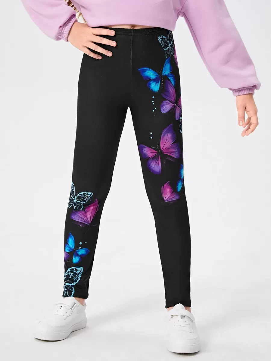 Girls Butterfly Print Leggings - Black - View 1