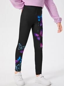 Girls Butterfly Print Leggings - Black - View 3