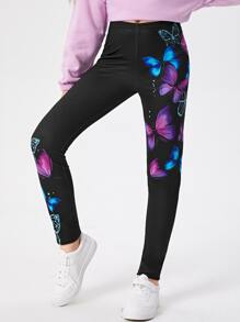 Girls Butterfly Print Leggings - Black - View 4