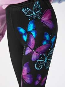 Girls Butterfly Print Leggings - Black - View 5