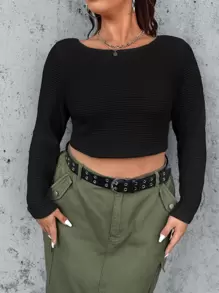 SHEIN ICON 大碼素色短款上衣 - 黑色 - 查看 1