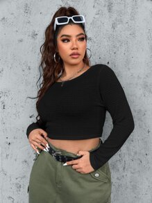 SHEIN ICON 大碼素色短款上衣 - 黑色 - 查看 4