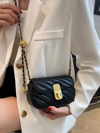 Mini sac carré à rabat matelassé avec chaîne et fermoir à rotation, sac  pour femmes élégantes