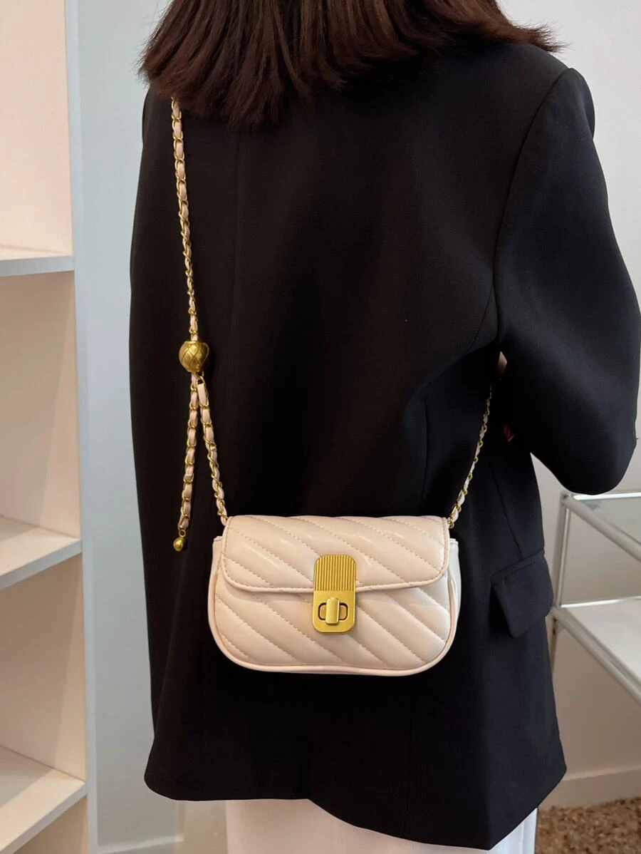 Mini Twist Lock Quilted Flap Chain Square Bag - Beige - View 1