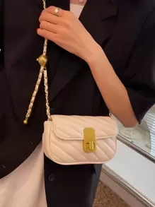 Mini Twist Lock Quilted Flap Chain Square Bag - Beige - View 3