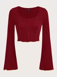 SHEIN EZwear 情人节，加大接缝细节生菜边饰 T 恤 - 酒紅色 - 查看 1