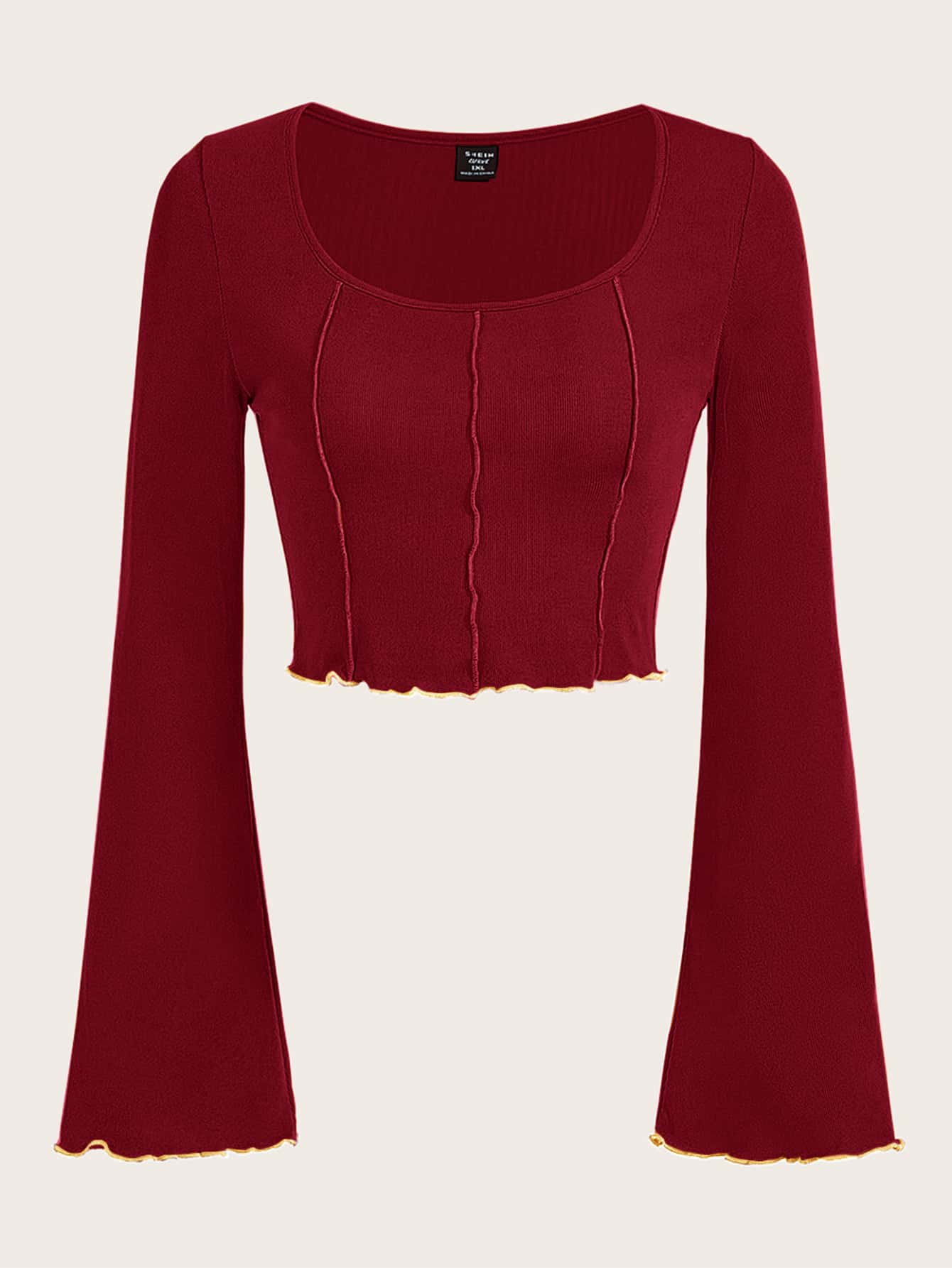 SHEIN EZwear 情人节，加大接缝细节生菜边饰 T 恤 - 酒紅色 - 查看 1