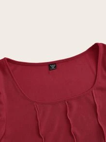 SHEIN EZwear 情人节，加大接缝细节生菜边饰 T 恤 - 酒紅色 - 查看 3