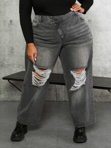 SHEIN CURVE+ Plus Stepped Waist Ripped Frayed Straight Leg Jeans - Dark Grey - View 1