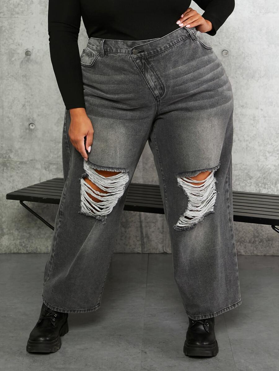 SHEIN CURVE+ Plus Stepped Waist Ripped Frayed Straight Leg Jeans - Dark Grey - View 1