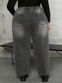 SHEIN CURVE+ Plus Stepped Waist Ripped Frayed Straight Leg Jeans - Dark Grey - View 2