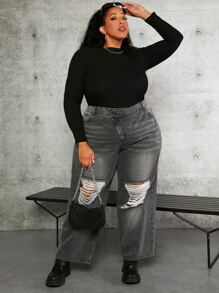 SHEIN CURVE+ Plus Stepped Waist Ripped Frayed Straight Leg Jeans - Dark Grey - View 3