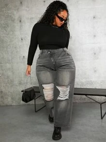SHEIN CURVE+ Plus Stepped Waist Ripped Frayed Straight Leg Jeans - Dark Grey - View 4