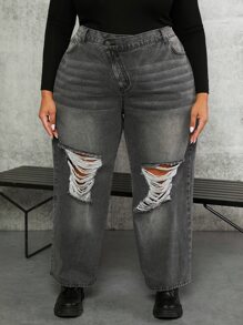 SHEIN CURVE+ Plus Stepped Waist Ripped Frayed Straight Leg Jeans - Dark Grey - View 6