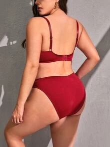 Plus Butterfly & Plants Embroidery Mesh Underwire Lingerie Set - Burgundy - View 2