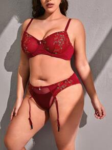 Plus Butterfly & Plants Embroidery Mesh Underwire Lingerie Set - Burgundy - View 3