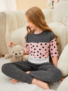 Girls Heart Print Colourblock Tee & Trousers PJ Set - Multicolor - View 4