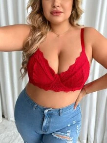 Plus Floral Lace Underwire Bra - Burgundy - View 1