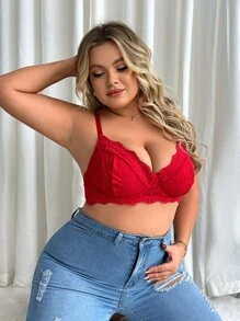 Plus Floral Lace Underwire Bra - Burgundy - View 3