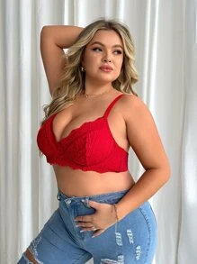 Plus Floral Lace Underwire Bra - Burgundy - View 4