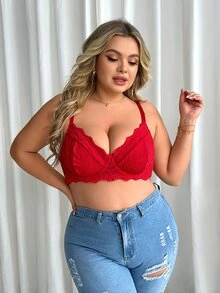 Plus Floral Lace Underwire Bra - Burgundy - View 5