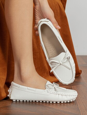 Fall/Winter Women White Bow Decor Flat Loafers, Preppy Round Toe Flat Shoes Valentines