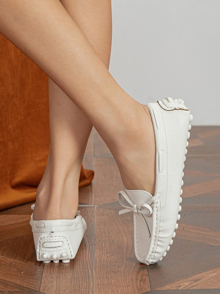 Mocassins Planos com Laço Branco para Mulheres, Outono/Inverno, Sapatos Planos de Bico Redondo Estilo Preppy para o Dia dos Namorados - Branco - Visão 2