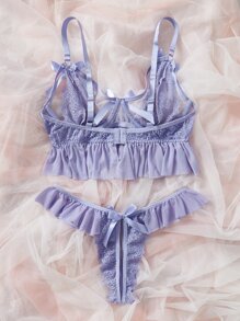 Plus Floral Lace Ruffle Hem Underwire Lingerie Set - Lilac Purple - View 2