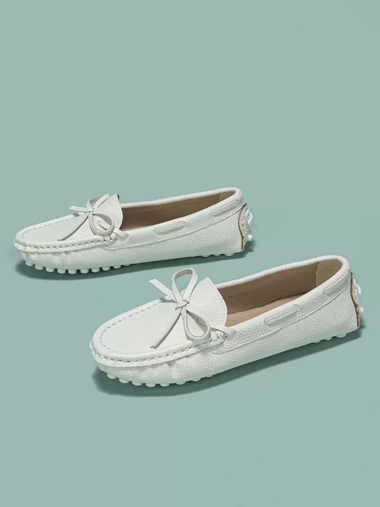 Mocassins Planos com Laço Branco para Mulheres, Outono/Inverno, Sapatos Planos de Bico Redondo Estilo Preppy para o Dia dos Namorados - Branco - Visão 5