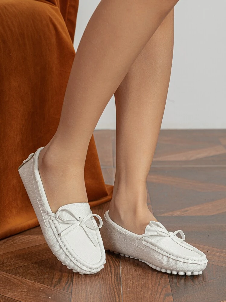 Mocassins Planos com Laço Branco para Mulheres, Outono/Inverno, Sapatos Planos de Bico Redondo Estilo Preppy para o Dia dos Namorados - Branco - Visão 7