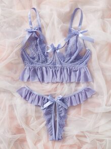 Plus Floral Lace Ruffle Hem Underwire Lingerie Set - Lilac Purple - View 4