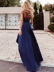 EVER-PRETTY Glitzer Oberteil Satin Ballkleid mit Hohem-Niedrig Saum, elegantes formelles Abendkleid Hochzeitsgast, für Abschlussball, Dinner Party