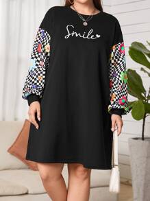 SHEIN EZwear Plus Letter & Floral Print Drop Shoulder Sweatshirt Dress - Black - View 8