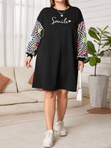 SHEIN EZwear Plus Letter & Floral Print Drop Shoulder Sweatshirt Dress - Black - View 10