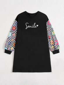 SHEIN EZwear Plus Letter & Floral Print Drop Shoulder Sweatshirt Dress - Black - View 4